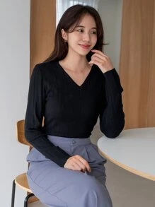 DAZY Áo len dệt kim cổ chữ V trơn, quần áo mùa thu - màu đen - Xem 8