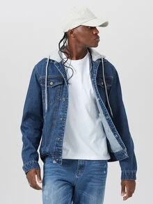 Manfinity Men Flap Pocket Drawstring Hooded Denim Jacket - Dark Wash - View 3