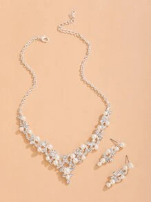Faux Pearl & Rhinestone Decor Vòng cổ & Bông tai thả - Bạc - Xem 1