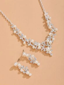 Faux Pearl & Rhinestone Decor Vòng cổ & Bông tai thả - Bạc - Xem 2