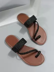 休閒戶外T字帶涼鞋適用於女士編織細節人造皮革夾腳平底涼鞋