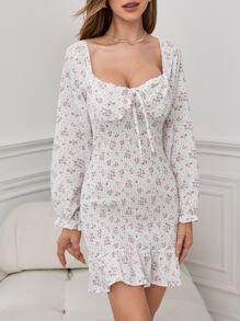 Đầm Viên lá sen Dải chun Họa tiết hoa Boho - trắng - Xem 4