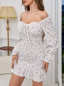 Đầm Viên lá sen Dải chun Họa tiết hoa Boho - trắng - Xem 6