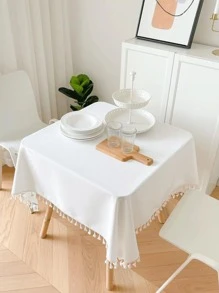 Tassel Decor Tablecloth, White Simple Table Cover For Dining Room