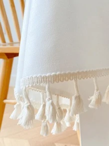 Tassel Decor Tablecloth, White Simple Table Cover For Dining Room