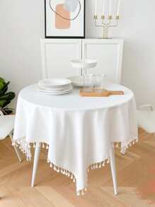 Tassel Decor Tablecloth, White Simple Table Cover For Dining Room