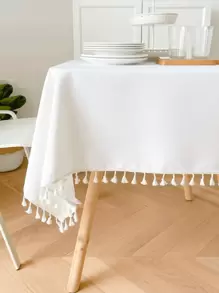 Tassel Decor Tablecloth, White Simple Table Cover For Dining Room