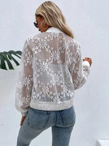 Cazadora tipo bomber floral de malla con cremallera - Blanco - Ver 4