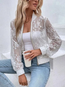Cazadora tipo bomber floral de malla con cremallera - Blanco - Ver 2