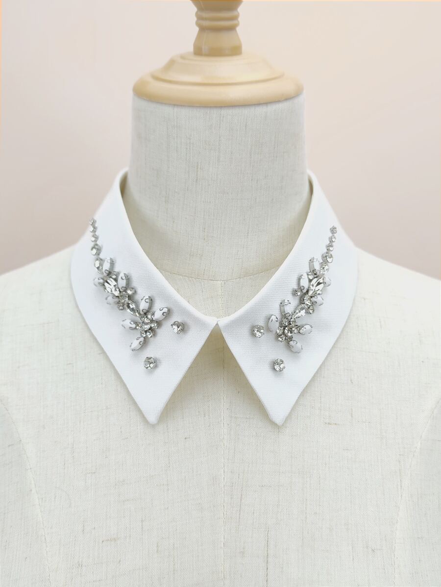 1pc White Pointed Collar With Handmade Beaded Decor, Fashion Detachable