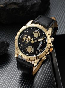 Đồng hồ thạch anh nam đeo tay tròn 1 mảnh và vòng tay 2 mảnh - màu đen - Xem 3