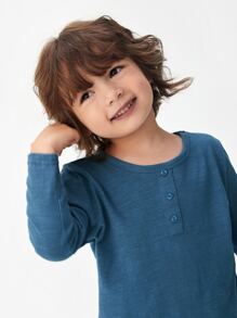 SHEIN 小男童紐扣細節T恤 - 霧霾藍 - 查看 3