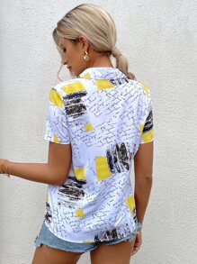 SHEIN LUNE Áo sơ mi nữ Nút phía trước Đồ họa Giải trí - trắng - Xem 2