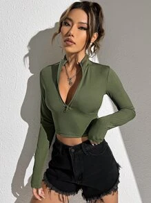 Flirla Áo thun nữ Dây kéo Gân đan màu trơn Giải trí - xanh quân đội - Xem 5