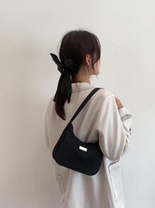 Fashionable Solid Color Soft Shoulder Bag, Casual Metal Plate Decor Underarm Shoulder Bag & Handbag - Black - View 2