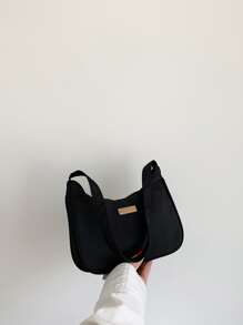 Fashionable Solid Color Soft Shoulder Bag, Casual Metal Plate Decor Underarm Shoulder Bag & Handbag - Black - View 7