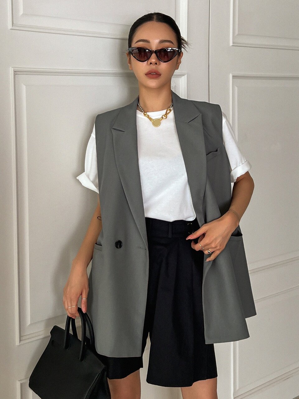 Women Business Casual Solid Color Lapel Neck Double-Breasted Sleeveless Blazer Jacket, Autumn Western Outfits For Women