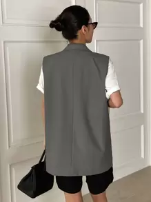 DAZY بليزر بدون أكمام أنيق لأعمال النساء باللون الأحادي مع ياقة هدب، أزرار مزدوجة، للخريف - رمادي - مشاهدة 5