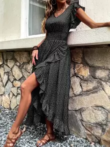 SHEIN VCAY Đầm Xù Viên lá sen Trọn gói Dải chun Chấm bi Boho - màu đen - Xem 5