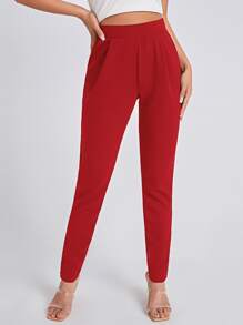 SHEIN Essnce Solid Slant Pocket Skinny Trousers - Red - View 4