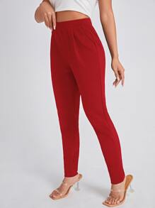 SHEIN Essnce Solid Slant Pocket Skinny Trousers - Red - View 5