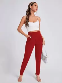 SHEIN Essnce Solid Slant Pocket Skinny Trousers - Red - View 6