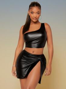 SHEIN SXY One Shoulder Crop Top & Split Hem Skirt Set - Black - View 4