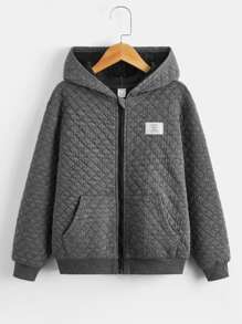 SHEIN Boys Patch Detail Zip Up Hooded Jacket - Dark Grey - View 1