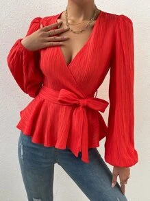 SHEIN LUNE Surplice Neck Lantern Sleeve Peplum Top - Red - View 1