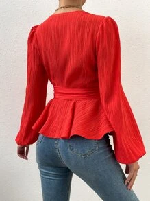 SHEIN LUNE Surplice Neck Lantern Sleeve Peplum Top - Red - View 2