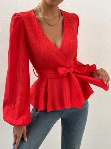 SHEIN LUNE Surplice Neck Lantern Sleeve Peplum Top - Red - View 5