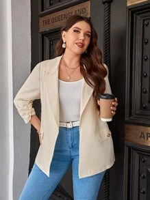 SHEIN Essnce 大碼翻蓋口袋開門襟西裝外套 - 米色 - 查看 1