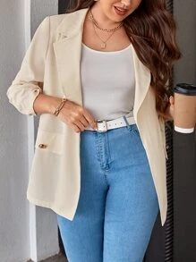 SHEIN Essnce 大碼翻蓋口袋開門襟西裝外套 - 米色 - 查看 2