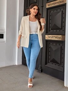 SHEIN Essnce 大碼翻蓋口袋開門襟西裝外套 - 米色 - 查看 5