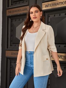 SHEIN Essnce 大碼翻蓋口袋開門襟西裝外套 - 米色 - 查看 6