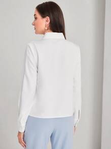 Modelyn Solid Button Front Fringe Trim Shirt,Long Sleeve Tops Fall Cloth For Women - White - View 2