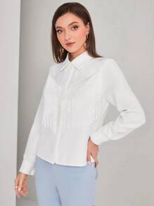 Modelyn Solid Button Front Fringe Trim Shirt,Long Sleeve Tops Fall Cloth For Women - White - View 3