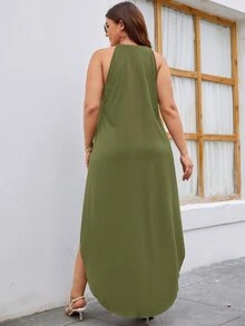 Plus Halter Neck Curved Hem Dress - Army Green - View 2