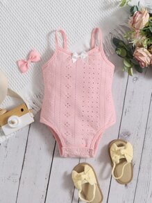 SHEIN 嬰兒女寶寶蝴蝶結前洋縮紗肩帶連體衣 - 淺粉色 - 查看 1