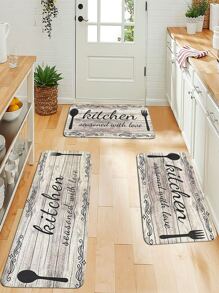 1pc Slogan Graphic Kitchen Rug, Wooden Pattern Anti-slip Floor Mat For Kitchen - Multicolor - View 1