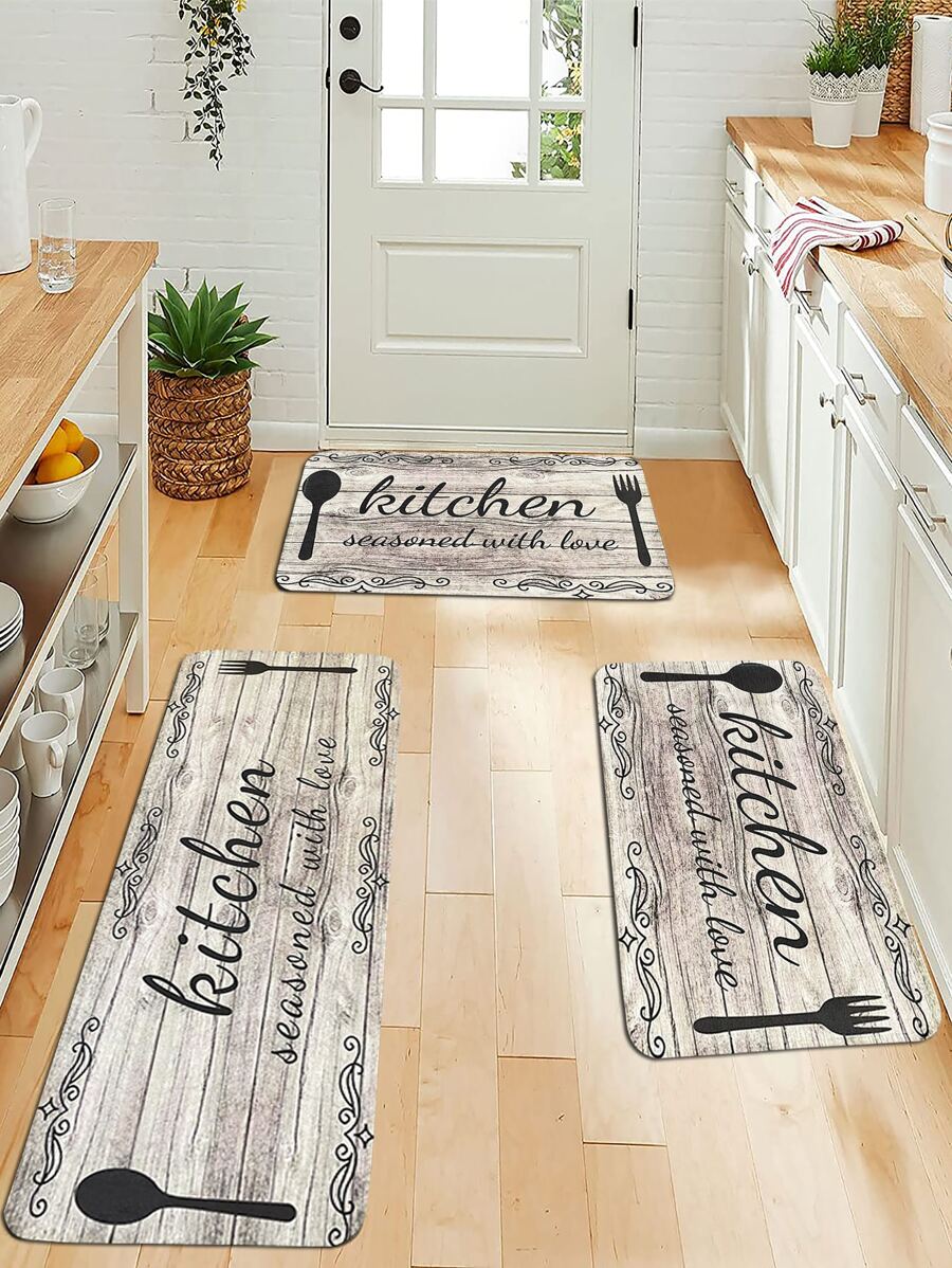 1pc Slogan Graphic Kitchen Rug, Wooden Pattern Anti-slip Floor Mat For Kitchen - Multicolor - View 1