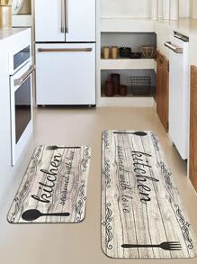 1pc Slogan Graphic Kitchen Rug, Wooden Pattern Anti-slip Floor Mat For Kitchen - Multicolor - View 3