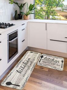 1pc Slogan Graphic Kitchen Rug, Wooden Pattern Anti-slip Floor Mat For Kitchen - Multicolor - View 5