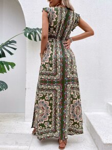 Breezaya Floral Print Flutter Sleeve Slit Thigh Dress Without Belt Maxi Vacation Beach Outfits Women - Multicolor - View 2
