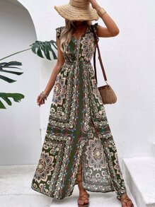 Breezaya Floral Print Flutter Sleeve Slit Thigh Dress Without Belt Maxi Vacation Beach Outfits Women - Multicolor - View 4