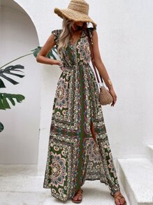 Breezaya Floral Print Flutter Sleeve Slit Thigh Dress Without Belt Maxi Vacation Beach Outfits Women - Multicolor - View 5