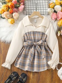 SHEIN 女孩格紋印花荷葉袖腰帶襯衫 - 彩色 - 查看 1