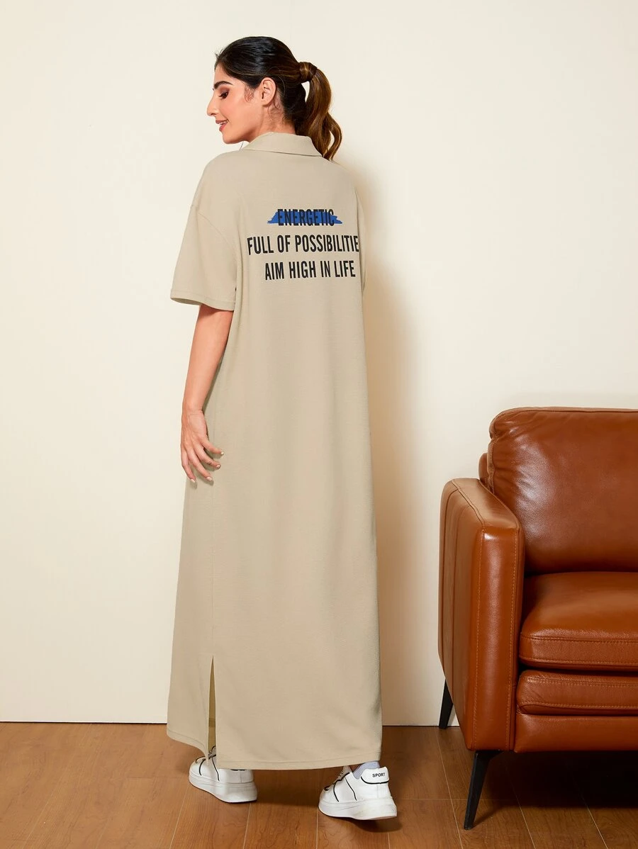 Mulvari Slogan Graphic Split Hem Dress - Khaki - View 1