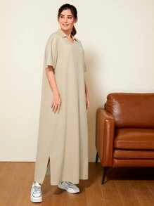 Mulvari Slogan Graphic Split Hem Dress - Khaki - View 3