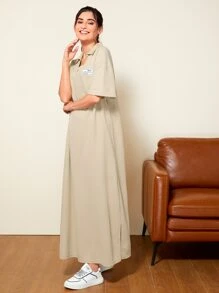 Mulvari Slogan Graphic Split Hem Dress - Khaki - View 4